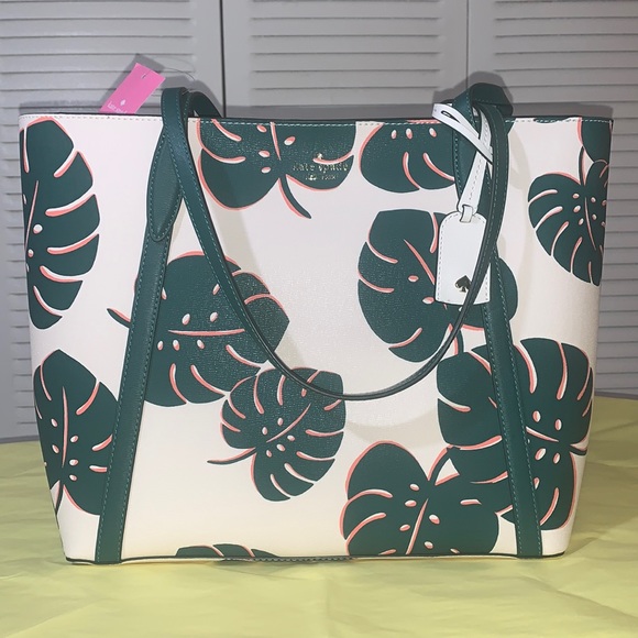 ♠️ kate spade Cara Monstera Leaves Printed Large Tote Bag, Cream Multi - Picture 3 of 16